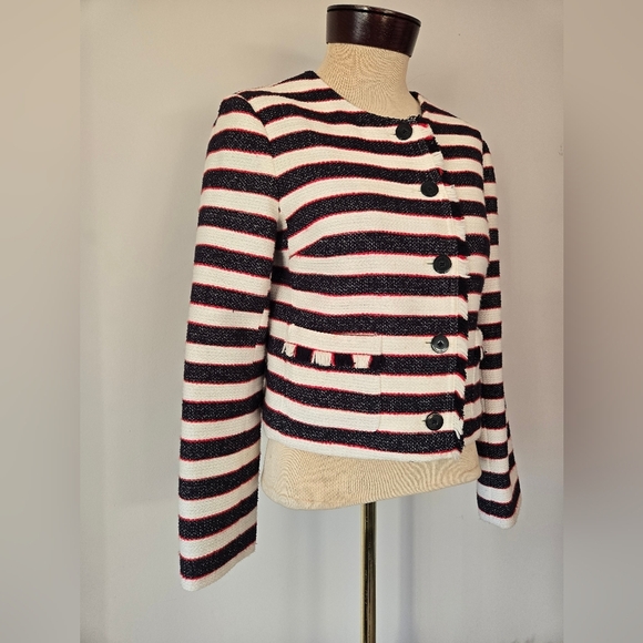 BANANA REPUBLIC cropped striped cotton Jacket - Black, White, Red.  Size 6P - Picture 2 of 9